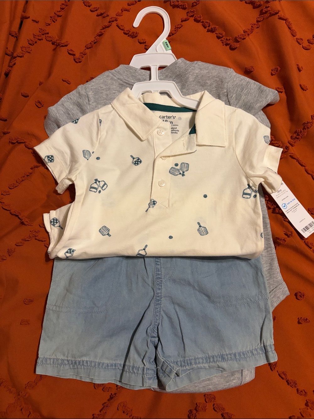 Carter's Cream Polo Shirt with Blue Pickleball (3pc set) - Kids